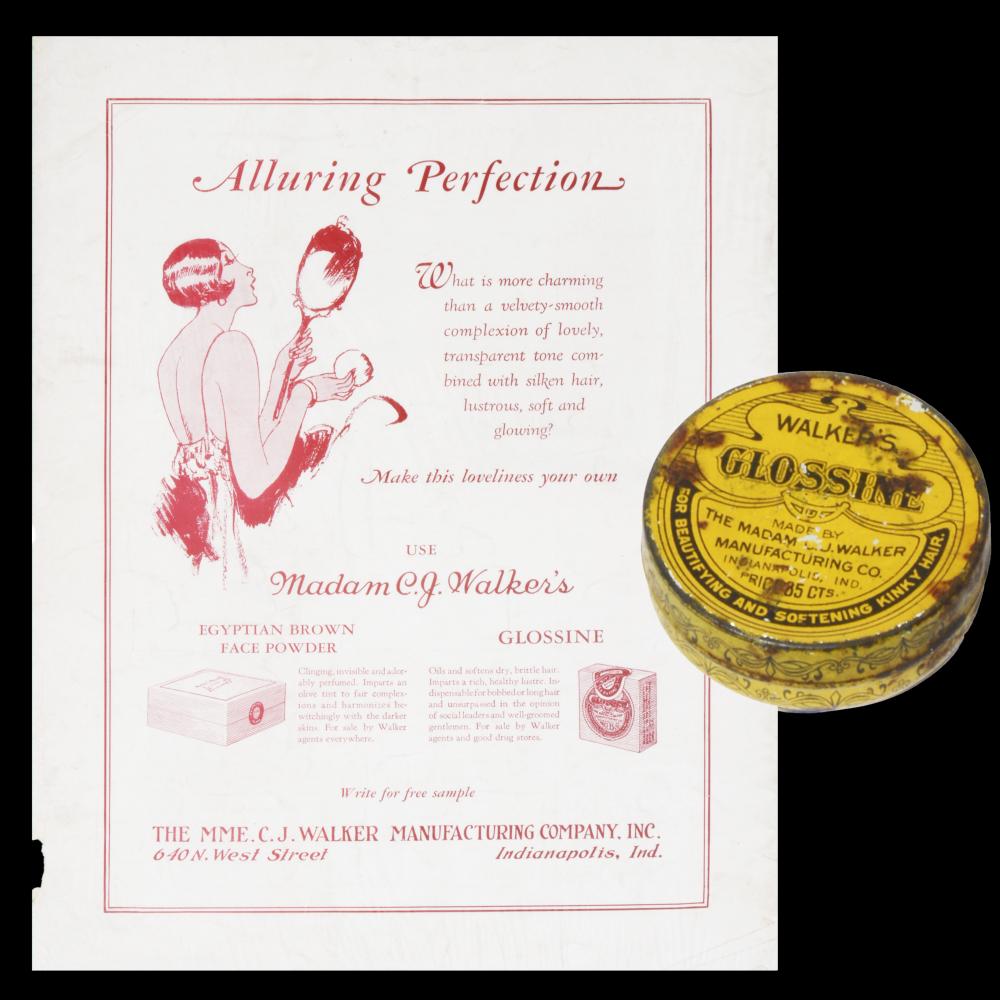 Madam C.J. Walker’s Glossine hair paste and an advertisement (NYSM Collection H-2010.45.30-31)