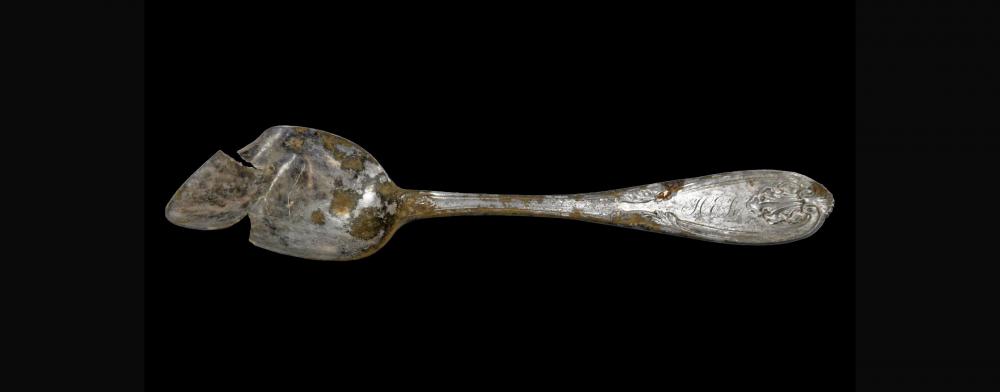 Silver spoon from the Powell Farmstead with Hannah Elizabeth Powell’s (nee Kilbourne) initials.