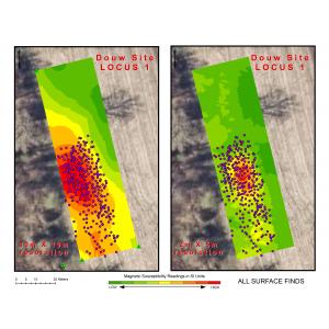 Magnetic susceptibility results overlaid with surface artifact locations show a strong correlation between finds and MS "hot spots"